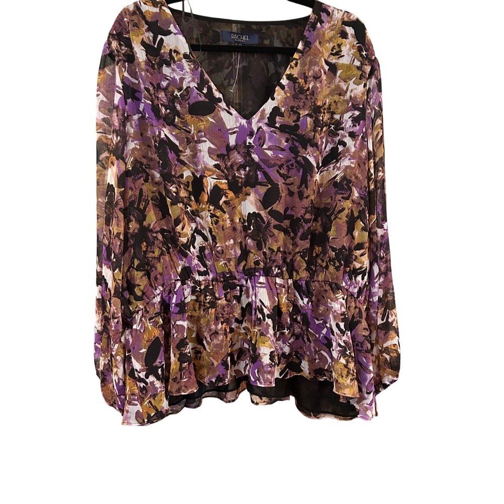 Rachel Roy Floral Print Blouse V-Neck Long Sleeve Peplum Top Plus Size 2X
